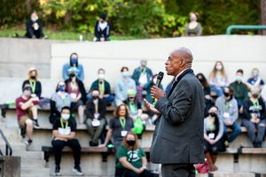 Dr. Dexter Gordon speaks to the student body at The Evergreen State College