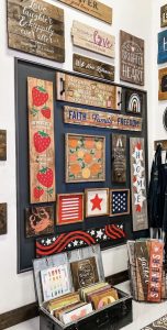 wall of example projects at Olympia Board and Brush