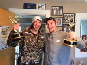 The Olson brothers posed with Emmy awards while traveling in Nashville in 2013.