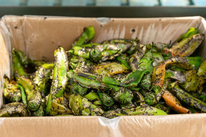 box of roasted Hatch chilies