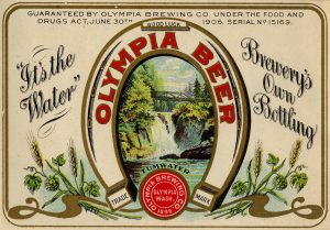 An early label of Olympia beer with the bridge in the center.
