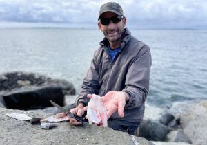 Scott Turner fillets his catch on a flat rock of the Westport Jetty.