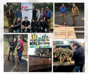 collage of Family Support Center volunteers doing yard work, building fences, dumping garbage