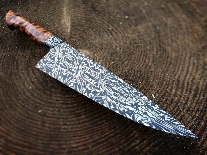 Maumasi-Fire-Arts-Profile-Acanthus-Mosaic-Damascu artistic culinary knife made by Maumasi Fire Arts