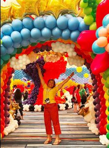 Olympia balloon artist Natalie Teabo, inside the giant balloon building in Orlando