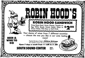 Advertisement for South Sound Center, June 14, 1974 for Robin Hood's Restaurant