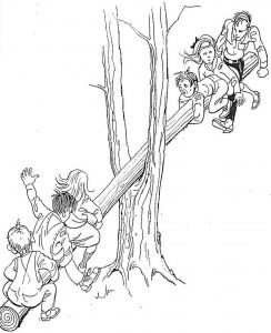 drawing of kids on a teeter totter made by putting a blank of wood through a split tree
