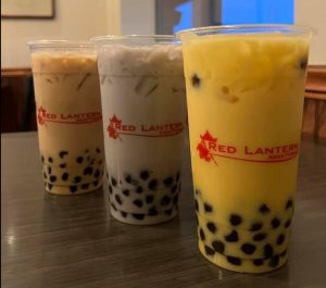 three bubble teas sitting on a table at Red Lantern Asian Fusion in Yelm