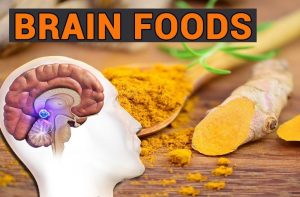 artistic image of a head with a brain inside superimposed over turmeric spice with the words "brain food" about it