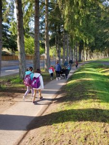 Pioneer Elementary students walking to school for Walk to School Month
