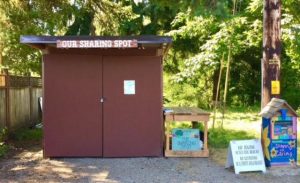 Brown shed for The Sharing Spot, a community food bank in Littlerock, Washington