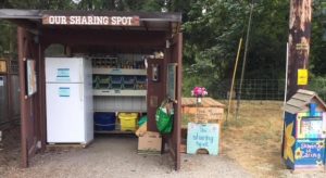 Brown shed for The Sharing Spot, a community food bank in Littlerock, Washington