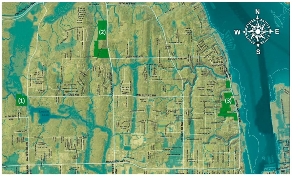 Overview map of the three current restoration projects owned by OlyEcosystems.