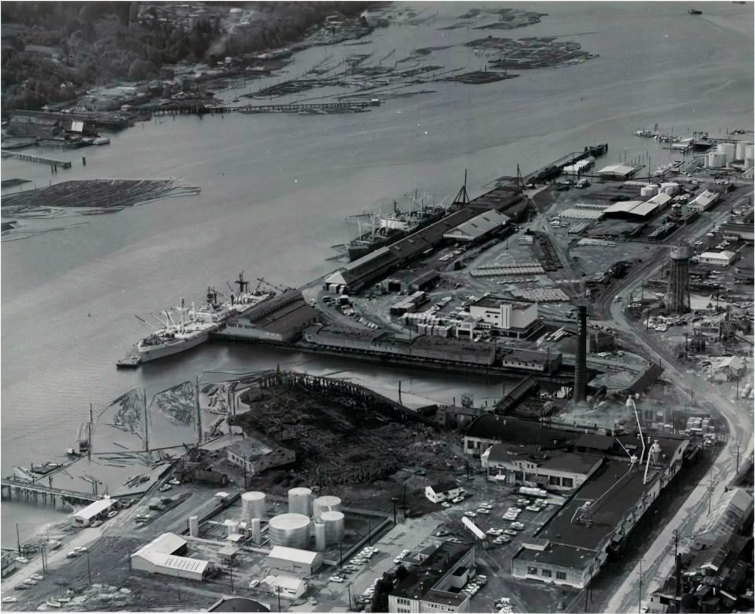 black and white aerial photo of the Port of Olympia in the early 1960s