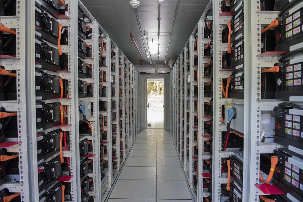 The interior of a lithium-ion battery system at a substation.