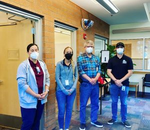 Michele Carlson RN, Erin Birklid – COVID-19 Project Team Manager, Kurt Hardin – Interim PHSS Director, Patrick Jarrett – Planning Chief at the August 27 TCPH Monkeypox Vaccine clinic.