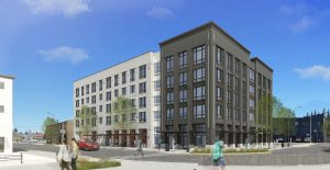 digital design of a 54,000 square-foot mixed-used, multi-family project on the corner of State Street & Water Street in downtown Olympia. 