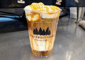 an iced caramel macchiato at Northwest Grind in Olympia