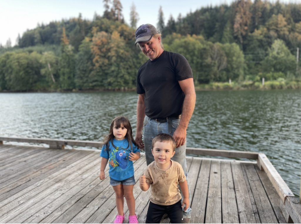 Scott Busch  and his two grandkids on the dock at Friends Landing in Grays Harbor