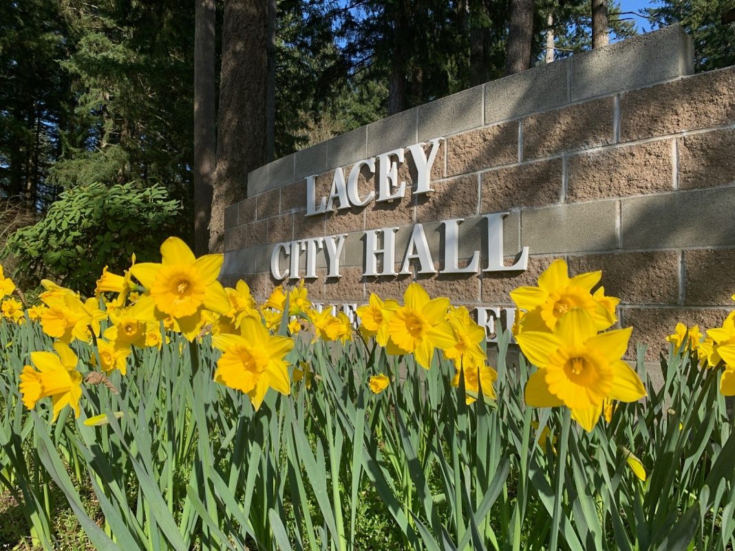 Lacey City Hall brick sign with daffodils in front