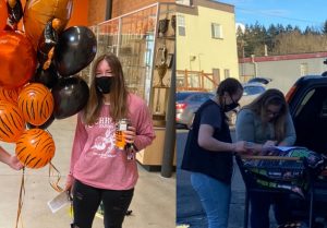 a girl with balloons and a to go mug and a nother photo of two people with a shopping cart by a car