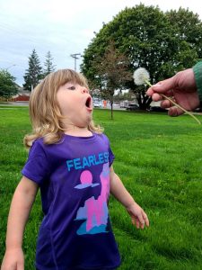 child blowing a dandelion weed