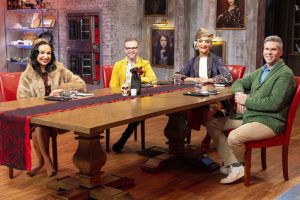 From left: Halloween Baking Championship judges Stephanie Boswell, Zac Young and Carla Hall are joined by show host John Henson.