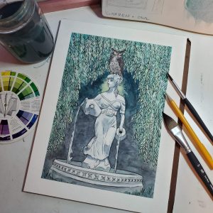 a sketch of a greek statue with an owl on its head by Trisha Hall