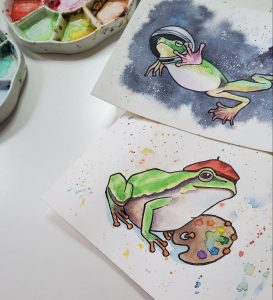 artwork of a frog wearing a beret and holding a painter's palette by Trisha Hall