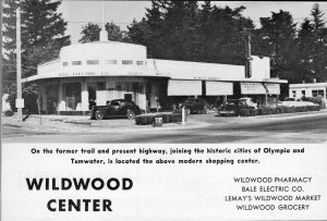 Wildwood Center and a now-demolished gas station  in 1950