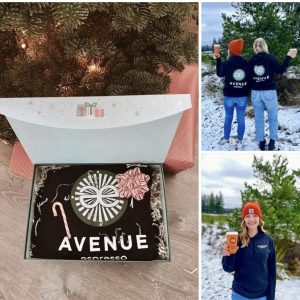 Avenue Espresso hoodie in a gift box with a candy cane