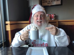 Santa Bob with a hot chocolate at the Lacey Red Robin