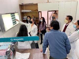 Dr. Barbara Lazio (center, pointing at scans) discussing a neurosurgical case with her team members and Bolivian counterpart, Dr. Gardeazabal. 