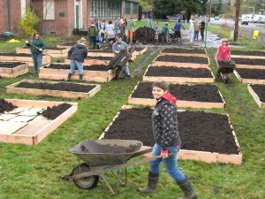 Rodocker working on the garden project in Rochester with GRuB