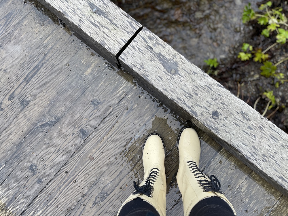 Waterproof boots taken from above from the person wearing them