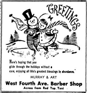 West Fourth Ave. Barber Shop wishes everyone a happy holidays and merry Christmas in this ad from the December 24, 1958 issue of the Daily Olympian. 