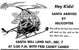 black and white advertisement with Santa in a helicopter from Olympia 1968