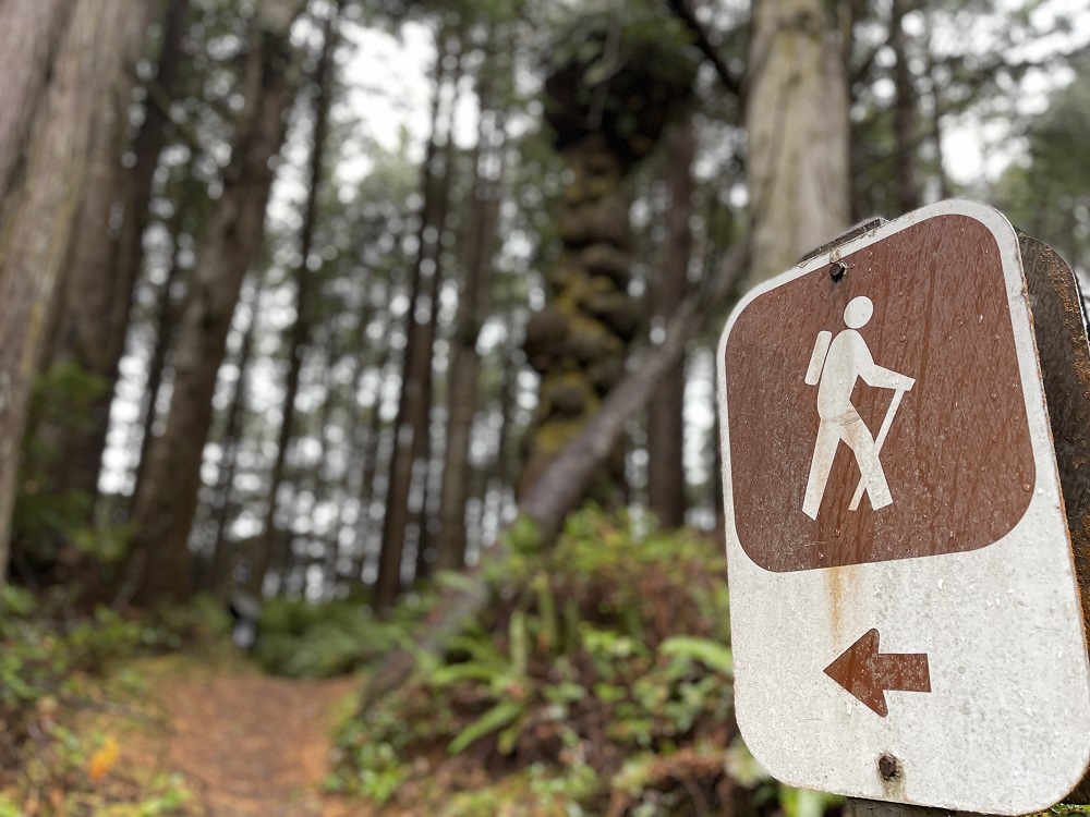 Hiker sign on a forest beach trail in the Olympic National Forest