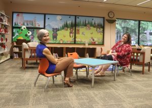 Timberland Regional Library Executive Director Cheryl Heywood (left) and Lacey Timberland Library Manager Holly Paxson chat in the children's section of the recently remodeled Lacey branch.