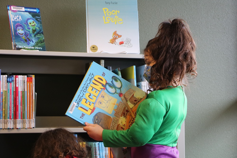 A young patron searches for just the right book at the Hawks Prairie Timberland Library