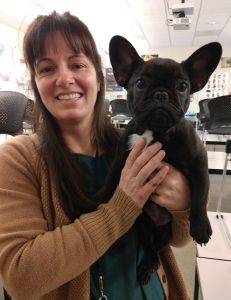 New Market Skills Center pre-vet tech student Jade Williams holding a French bulldog