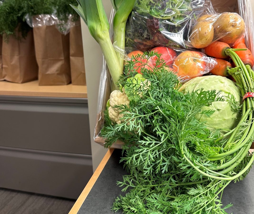 a bag on its side with fruits and vegetables spilling out on a counter