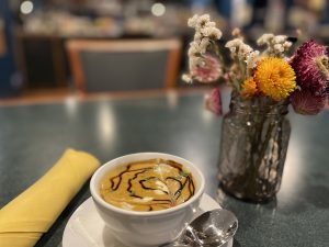 butternut squash soup on a table at Spirits Bar & Grill