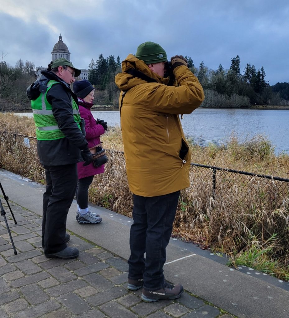 people with binocular look at the Puget Sound with Olympia Capitol building in the background