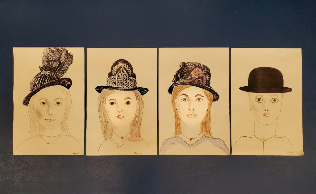 drawings of a woman and a man with hats on against a beige background