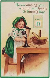 young girl in a green dress and bonnet with a white apron on a vintage telephone receiver with a March 17 calendar in the background