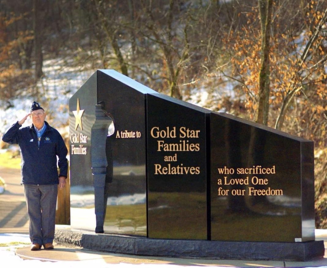 man saluting next to the Gold Star Families Memorial