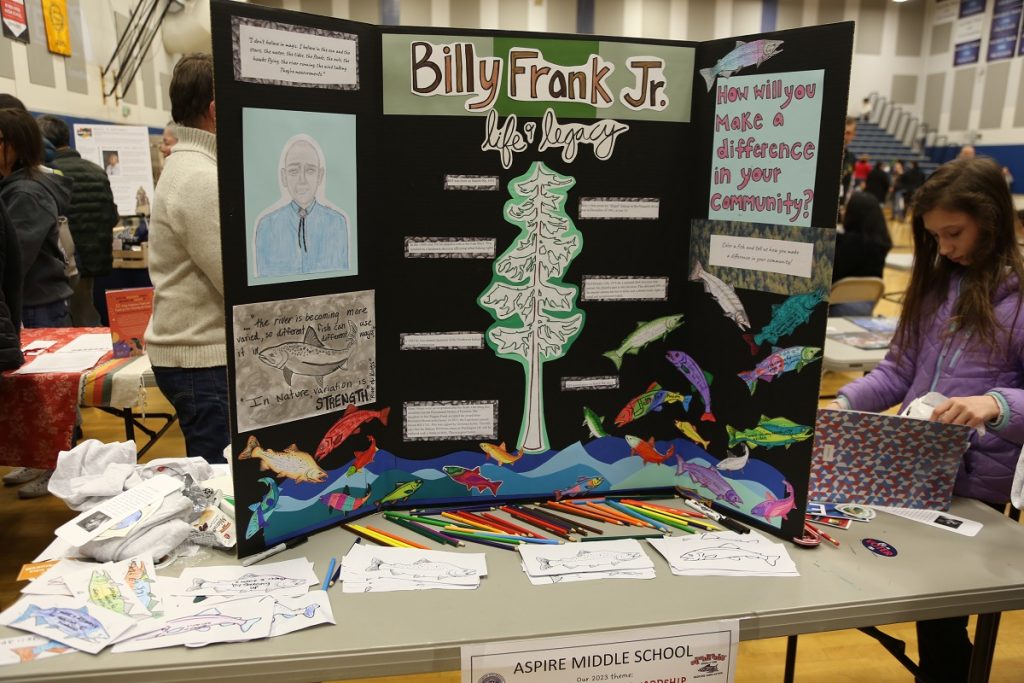 a child's poster board presentation of Billy Frank Jr with fish coloring pages in front of it and crayons
