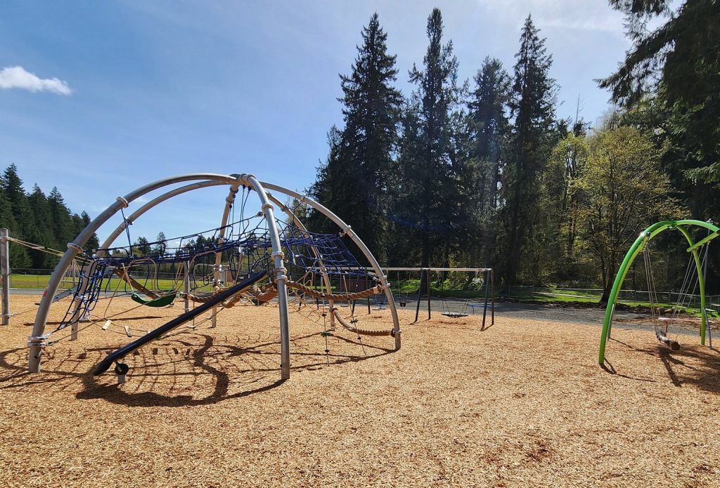 Tenino playground with slides, swings, monkey bars and more in bark mulch