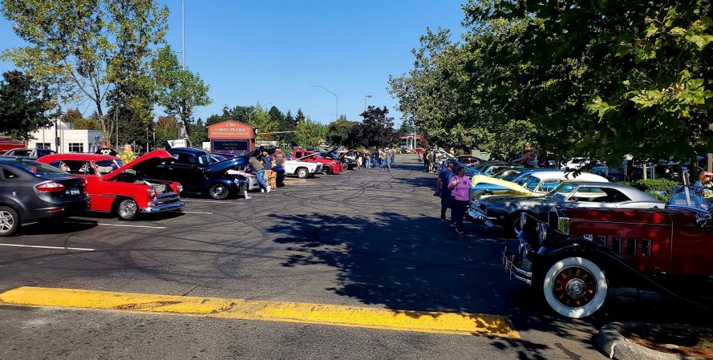 two rose of classic and vintage cars in a parking lot